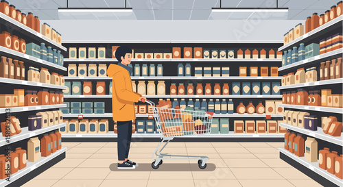 Person Shopping in Supermarket Aisle with Grocery Cart Illustration
