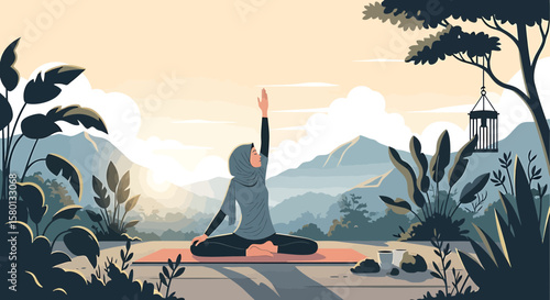 Peaceful Woman in Hijab Meditating Outdoors with Mountains