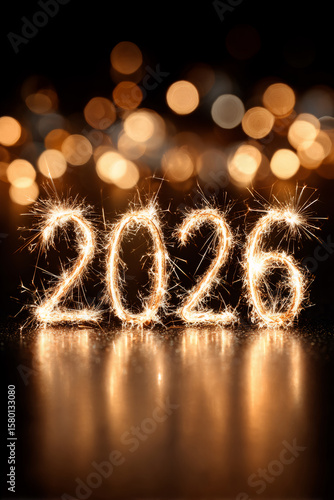The number 2026 formed by golden sparklers against a bokeh background. New Year's Eve celebration concept.
