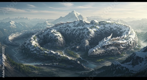 Majestic dragon mountain peak, winter wonderland with imposing dragon silhouette  landscape