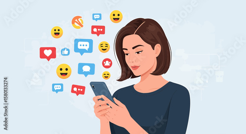 Woman Using Smartphone with Social Media Emojis and Icons