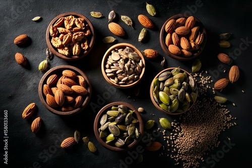 Assorted Nuts And Seeds Collection In Wooden Bowls