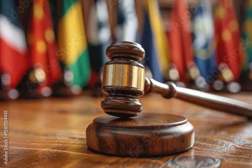 A judge’s wooden gavel rests on a sound block in a courtroom, with blurred international flags in the background, symbolizing justice, law, authority, and global legal proceedings