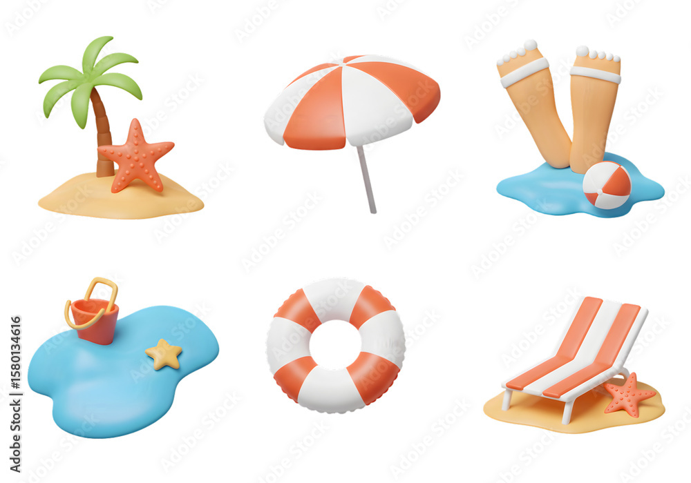 Naklejka premium 3D Beach Summer Vacation with Palm Tree Starfish and Beach Umbrella
