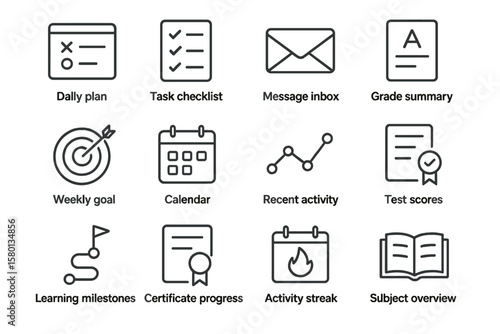 Task management icons on metallic background with activity and progress symbols