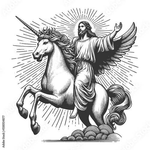 Jesus Christ with radiant halo riding a majestic unicorn sketch engraving generative ai fictional character vector illustration. Scratch board imitation. Black and white image.