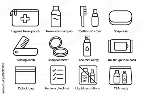 Essential travel kit icons: hygiene, packing, convenience, air travel items