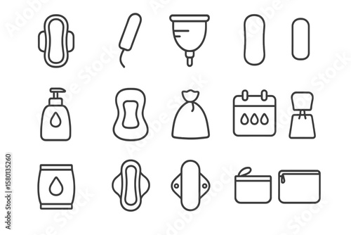 Menstrual hygiene icons set: pads, tampons, menstrual cup, calendar, soap