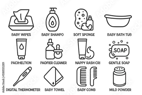 Baby hygiene and care products icons on gray background