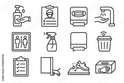 Icons of sanitation and hygiene objects on grey background