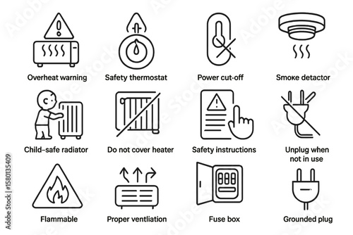 Home safety icons: heater, thermostat, smoke detector, plug, fuse box, ventilation