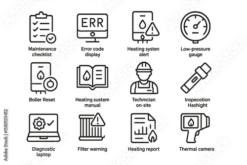 Heating system maintenance icons: checklist, alerts, gauges, and tools