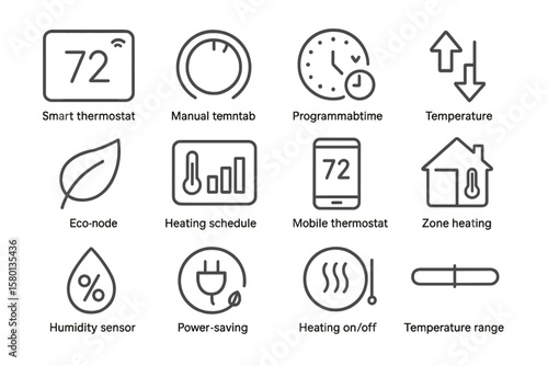 Smart home thermostat icons for temperature control and energy efficiency