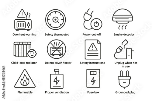 Safety symbols: overheat, smoke, power, flammable, thermostat