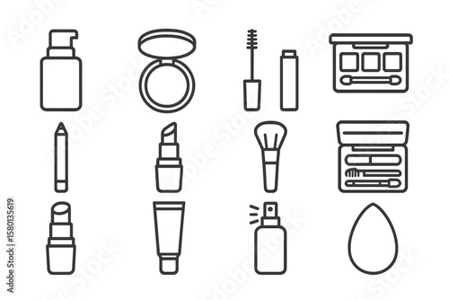 Various makeup icons on black background: brushes, lipstick, mascara, and more