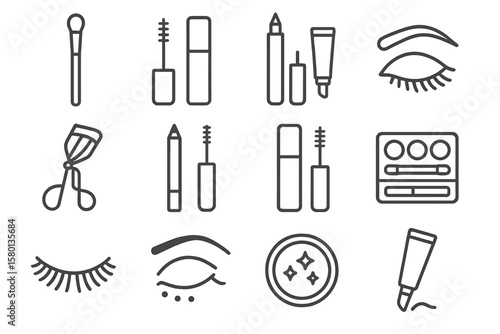 Makeup tools outline on dark background with mascara, brushes, and eyeliner