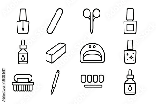 Black and gray nail care icons on vertical striped background