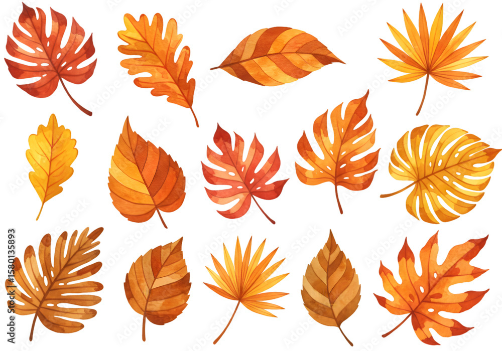 Fototapeta premium Illustration Autumn Foliage Watercolor Leaves Transparent Background