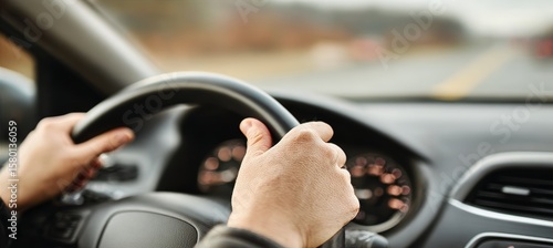 Person Steering a Car on a Scenic Route, Emphasizing Travel Freedom and Safe Driving Practices