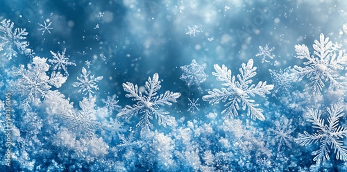 Delicate white snowflakes falling on icy blue background winter cold