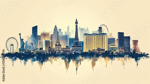Las Vegas Skyline Silhouette in a Stylish Pen Line Drawing with Famous Hotels, Casinos, and Attractions 