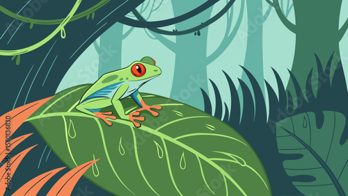 Red eyed tree frog on leaf in rainforest vector illustration tropical wildlife amphibian nature drawing art design