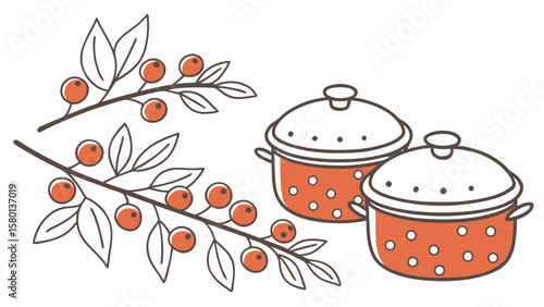Autumn kitchenware illustration with pots and berry branches for recipe and cooking blog design elements