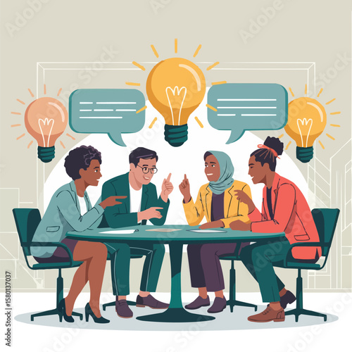 Diverse group of professionals collaborating and sharing ideas around a table with lightbulbs