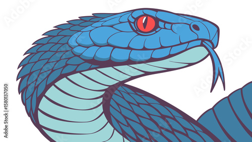 Illustration of a blue snake with red eyes and a forked tongue, a reptile with detailed scales design