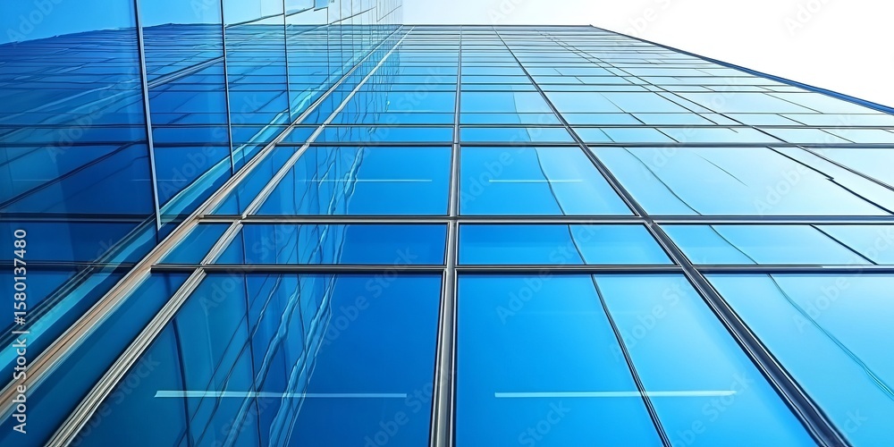 Obraz premium Modern Urban Architecture Featuring a High-Rise Skyscraper with Blue Glass Windows and Facade
