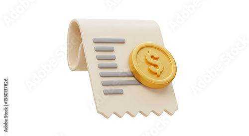 3D Golden Coin with Beige Receipt Finance Payment Transparent PNG