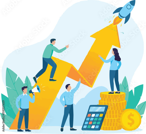 Teamwork and collaboration driving business growth and financial success towards a rocket launch