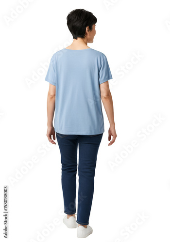 Isolated Full Body Back View of Asian Woman Walking in Blue Outfit