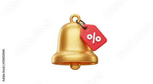 3D Render Golden Bell with Percentage Tag Sale Discount Offer