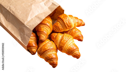 Freshly baked golden croissant pastries, isolated on white background