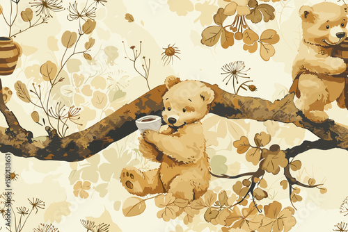Seamless Pattern – Vintage Storybook Winnie the Pooh in Hundred Acre Wood with Honey Pots, Bees, Dandelions, and Pawprints in Warm Watercolors for Timeless Fabric Designs 