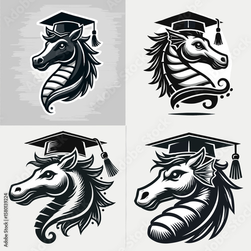 Sea horse. With Graduation Diploma Cap Graduate Clipart Line Art Vector Illustration. Aquatic equine little ocean steed marine life underwater fauna seagoing creature.