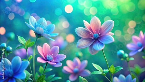 Delicate Pink & Blue Floral Bokeh Wallpaper: Green Background, Soft Focus, Pretty Flower Pattern