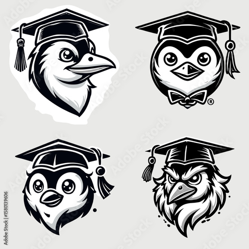 Penguin. With Graduation Diploma Cap Graduate Clipart Line Art Vector Illustration. Flightless bird a polar zone dweller wildlife living near frigid location.