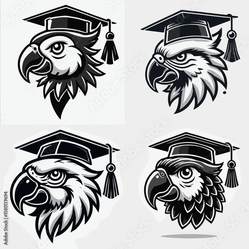 Parrot. With Graduation Diploma Cap Graduate Clipart Line Art Vector Illustration. Colorful avian a talking bird common pet mimic vocalization tropical fauna.