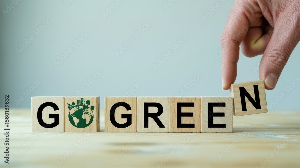 Fototapeta premium Promoting Ecological Awareness Wooden Blocks Spell \