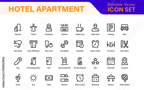 Hotel apartment icons set. Rental property icons. Set of hotel booking, five-star hotel, service line vector web icon.Hotel universal set with Building, Parking,  Meal, Air conditioner.