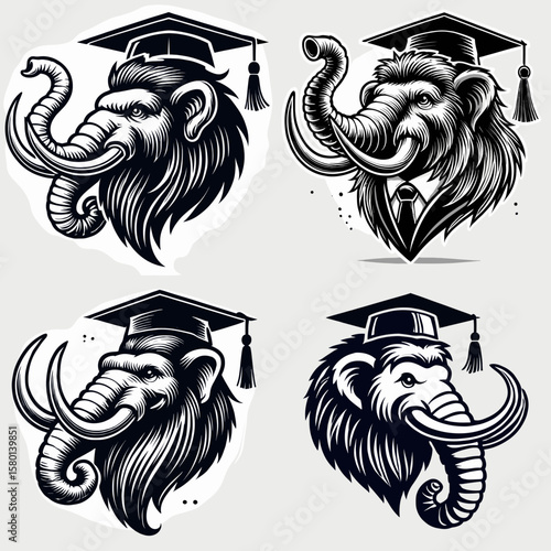 Mammoth. With Graduation Diploma Cap Graduate Clipart Line Art Vector Illustration. Huge extinct elephant relative a giant creature from prehistoric animal kingdom.