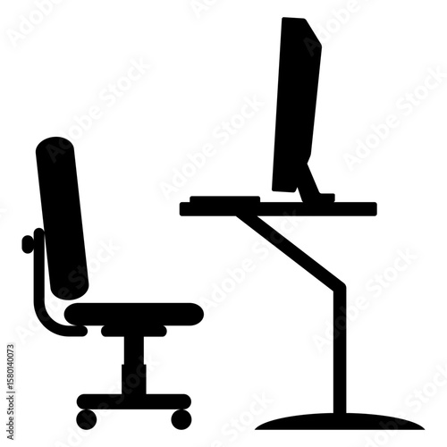 Icono silueta de mesa de trabajo con ordenador y silla