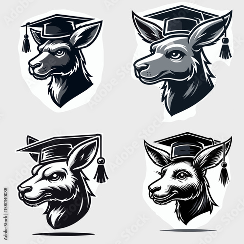 Kangaroo. With Graduation Diploma Cap Graduate Clipart Line Art Vector Illustration. Australian marsupial large hopping creature jump wildlife nature outback animal.