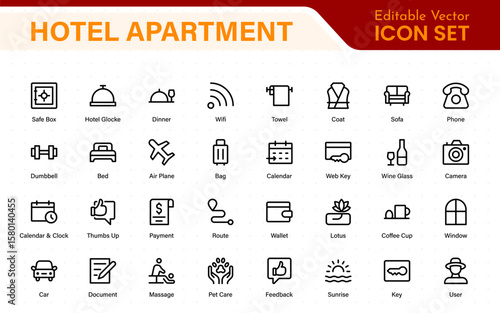 Hotel apartment icons set. Rental property icons. Set of hotel booking, five-star hotel, service line vector web icon.Hotel universal set with Building, Parking,  Meal, Air conditioner.