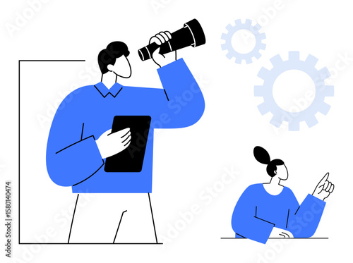 Person holding telescope and tablet, another pointing at gears in background symbolizing teamwork, innovation, and future planning. Ideal for leadership, vision, teamwork, future, innovation