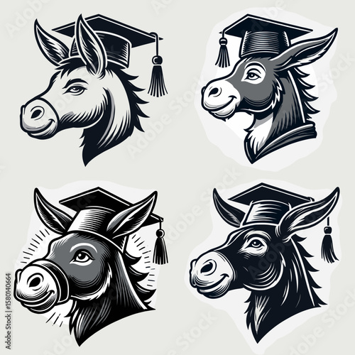 Donkey. With Graduation Diploma Cap Graduate Clipart Line Art Vector Illustration. Equine mammal farm animal livestock beast pack quadruped agriculture aid.