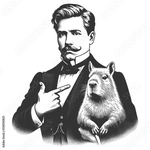 man in a tuxedo holding a calm capybara sketch engraving generative ai fictional character vector illustration. Scratch board imitation. Black and white image.