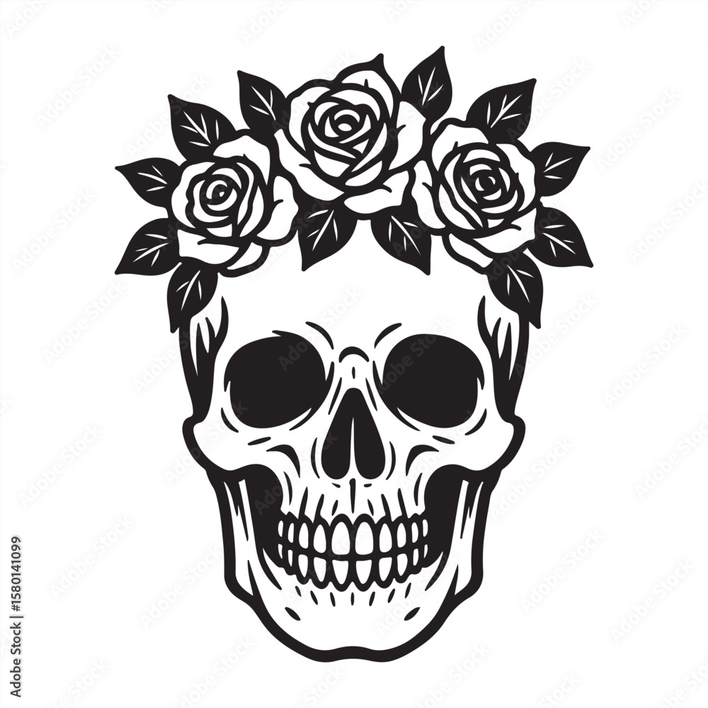 Fototapeta premium Elegant, vibrant retro-styled traditional tattoo art print Human skull silhouette in black and white, crowned with roses and leaves.